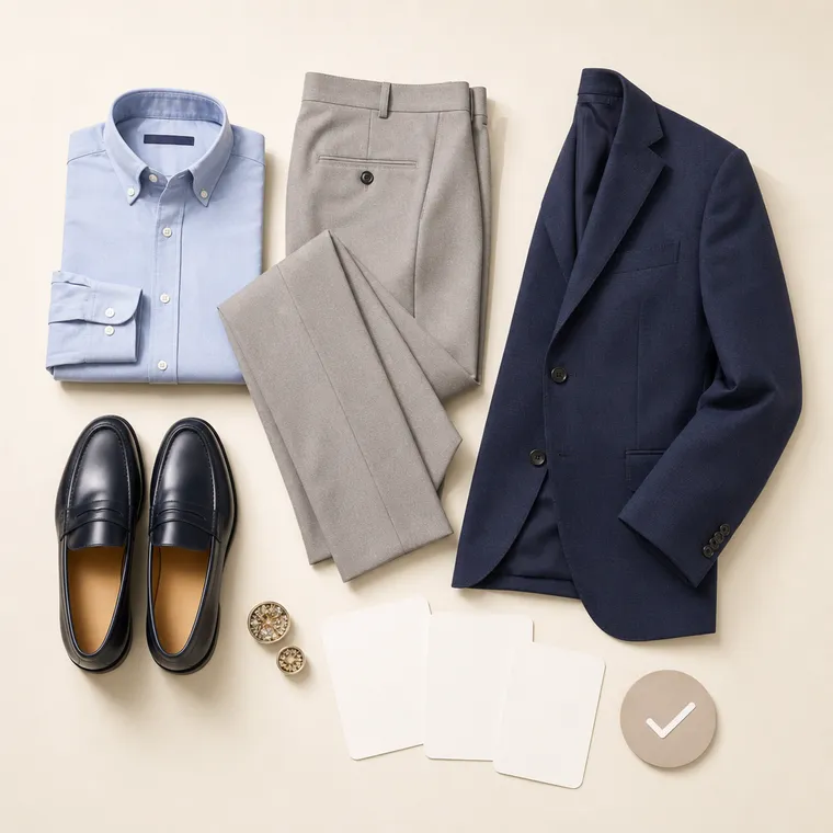 Photorealistic image of a finished outfit and AI recommendation cards