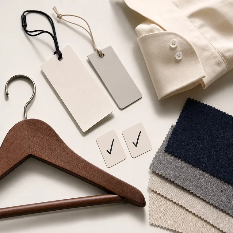 Photorealistic image of tags, fabric samples and a hanger for style description