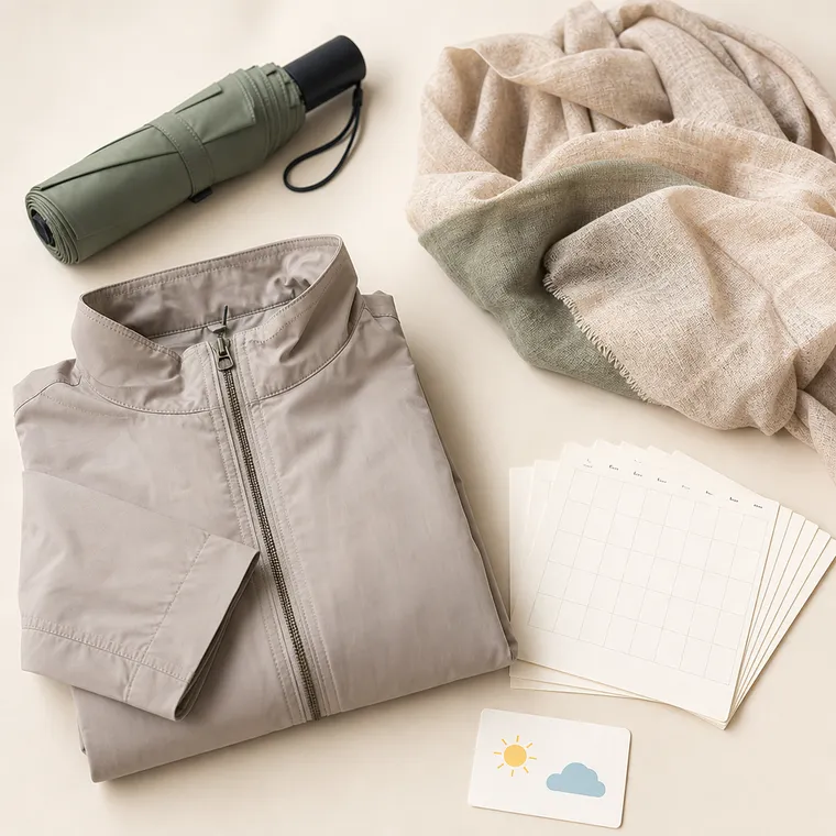 Photorealistic image of an umbrella, scarf, jacket, weather and calendar